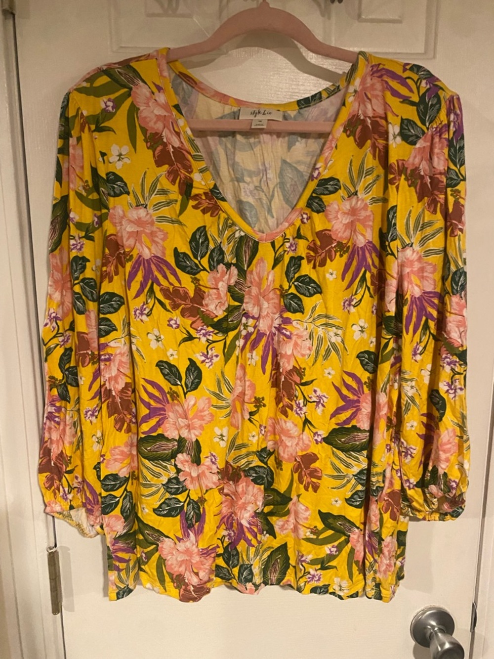 Style & Co. Yellow Floral V-Neck Blouse with Pink & Green Print
